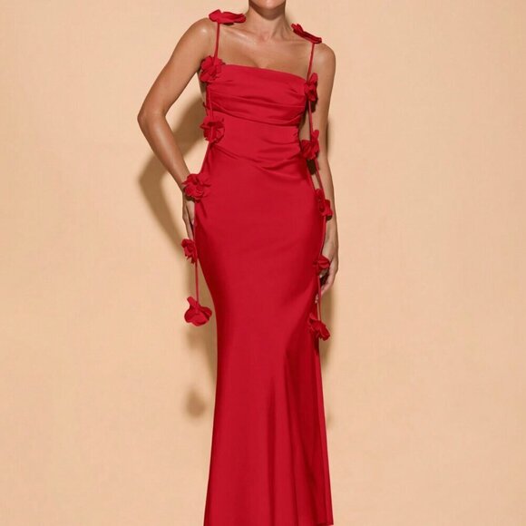 Red Elegant Womens Floral Backless Spaghetti Strap Draped Neck maxi Dress - Picture 3 of 5